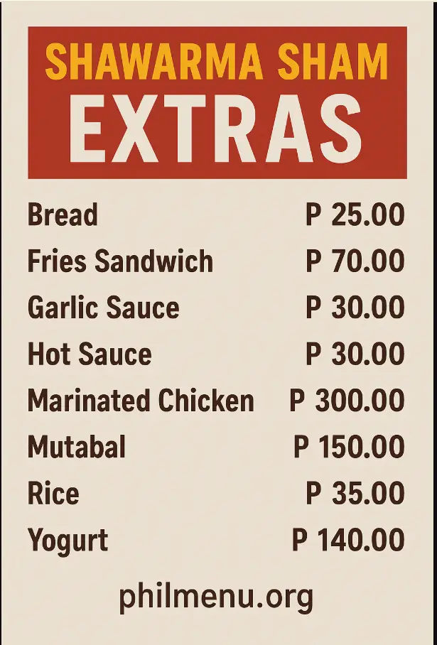 SHAWARMA SHAM EXTRAS MENU